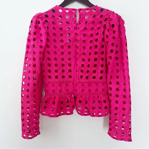 Lovers + Friends Hot Pink Puff Sleeve Peplum Top Cut Out Eyelet Size Small - Image 8