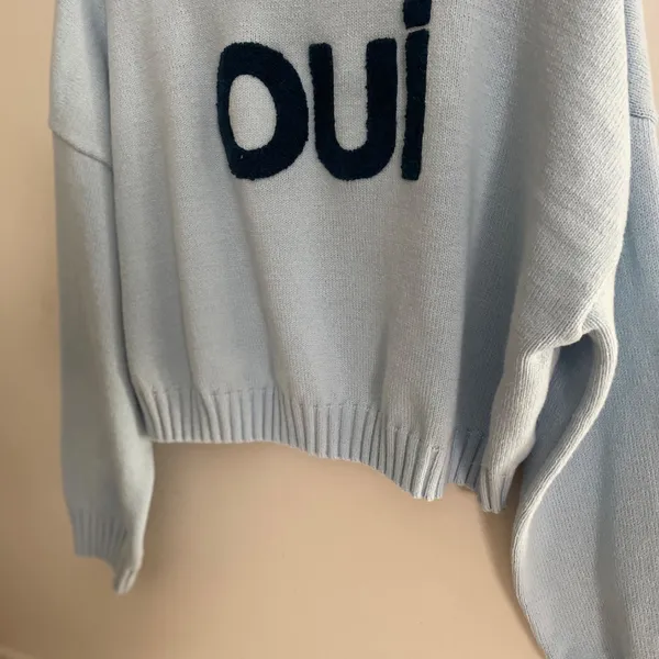 Sincerely Jules OUI Cropped Sweater Size M Baby Blue Pastel Coquette Spell Out - Image 5