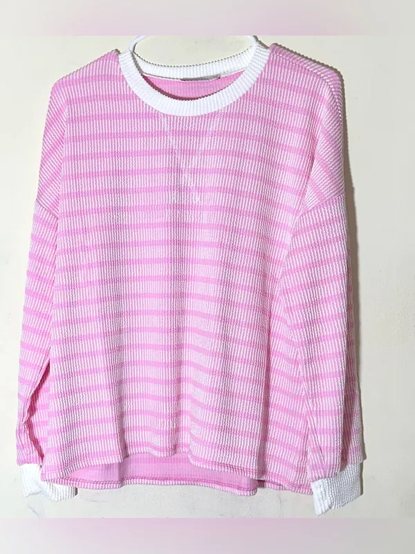 Zenana Raised Rib Striped Pullover & Wide Leg Pants Set Womens Lt Pink Sz Medium - Image 3