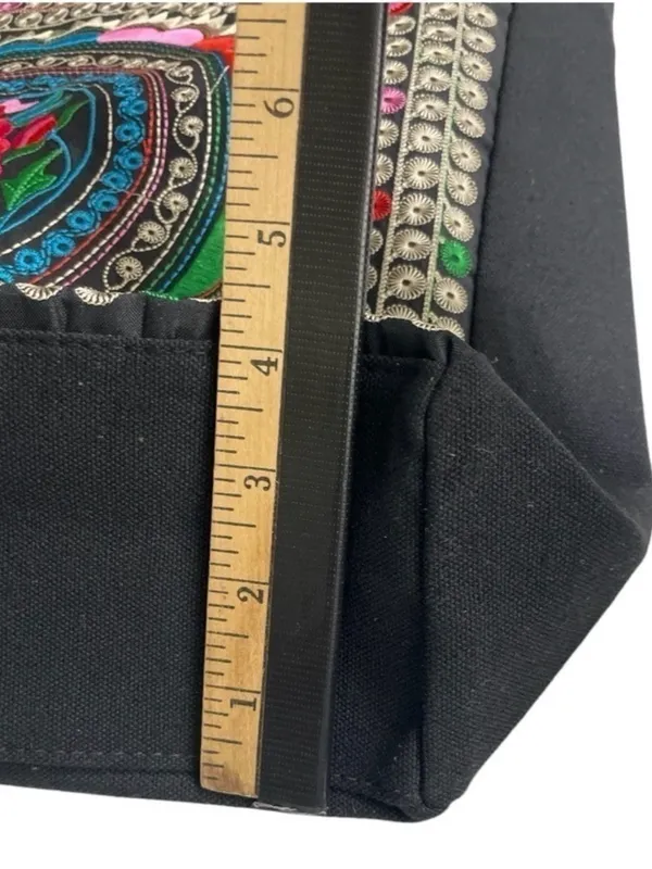 Guatemalan Embroidered Boho Floral Tote Bag Black Canvas Coin Trim - Image 9