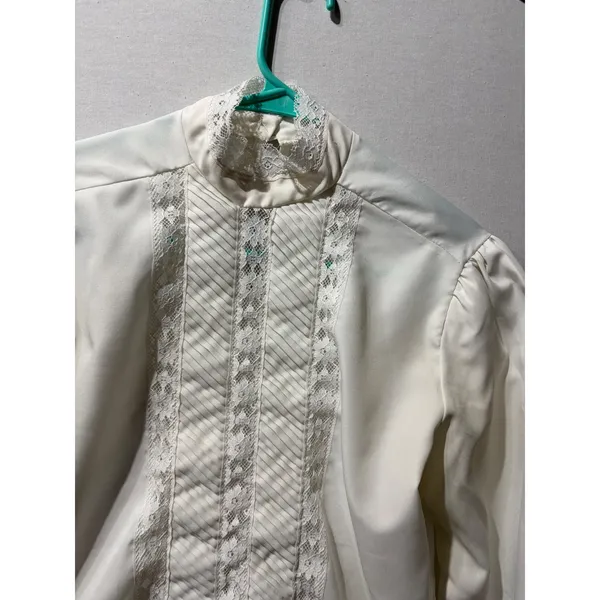 Rhapsody Womens Cream Lace Trim Mock Neck Puff Sleeve Blouse Top Made in‎ USA - Image 4