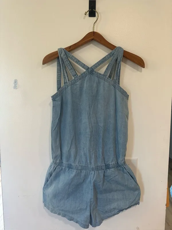 Fabletics Liza Chambray Romper Women's Size XS Light Wash Crossback Sleeveless - Image 2