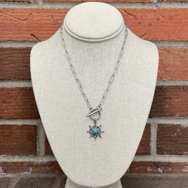 Stainless Steel Sunburst Necklace with Faux Turquoise - Image 2