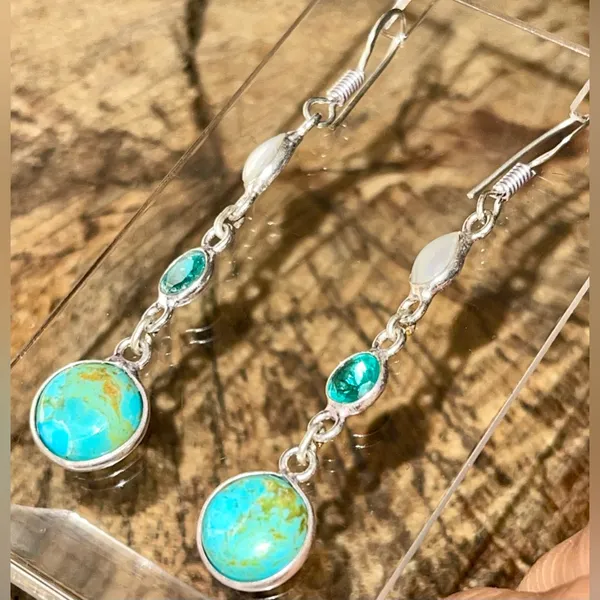 Stabilized Turquoise & Pearl Earrings 2 1/4” - Image 10