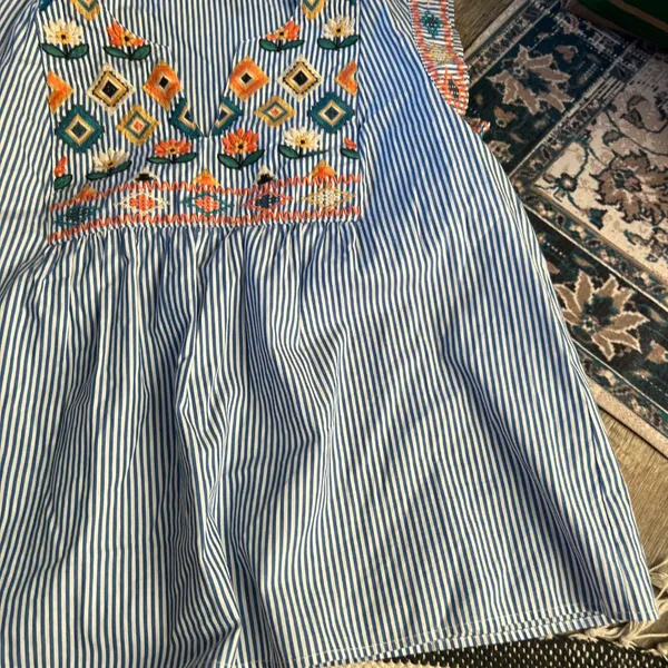 THML blue and white striped embroidered top size M - Image 3