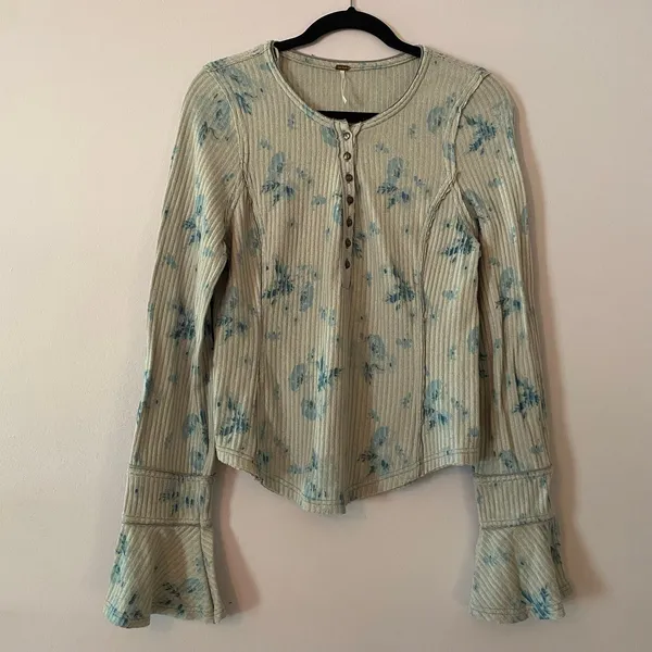 Free People Gray Blue Ribbed Henley Loungewear Top Long Sleeves Women size Large - Image 2