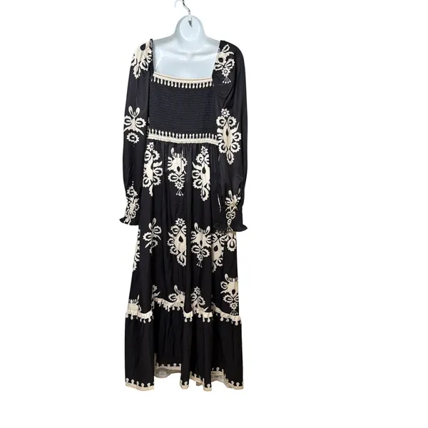 Womens Black Cream Damask Smocked Maxi Dress Long Sleeve Boho Peasant Size L - Image 2