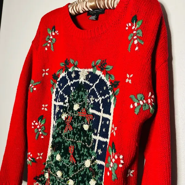 Vintage 90s Metropolitan New York Red Ugly Tree Bows Candy Cane Sweater Size S - Image 9