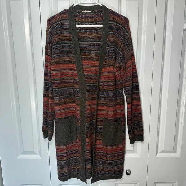 Mystree Cardigan Duster Sweater M Multi-Color Striped Longline Western Boho - Image 2
