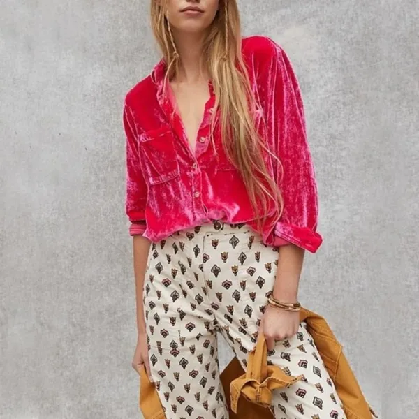 Pilcro Mara‎ Pink Velvet Button Front Pants Petite 2 Boho Wide Leg Anthropologie - Image 9