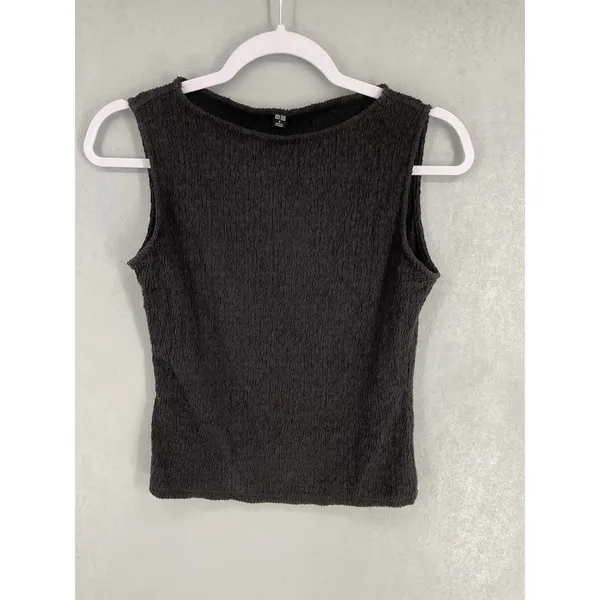 Uniqlo Womens Tank Top Black Textured Seersucker Boat Neck Size Small - Image 2