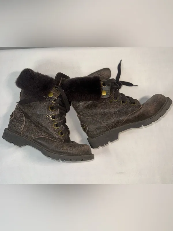 BEARPAW Kayla Women 7 Brown Suede Shearling Fur Cuff Lace Up Plaid Winter Boots - Image 5