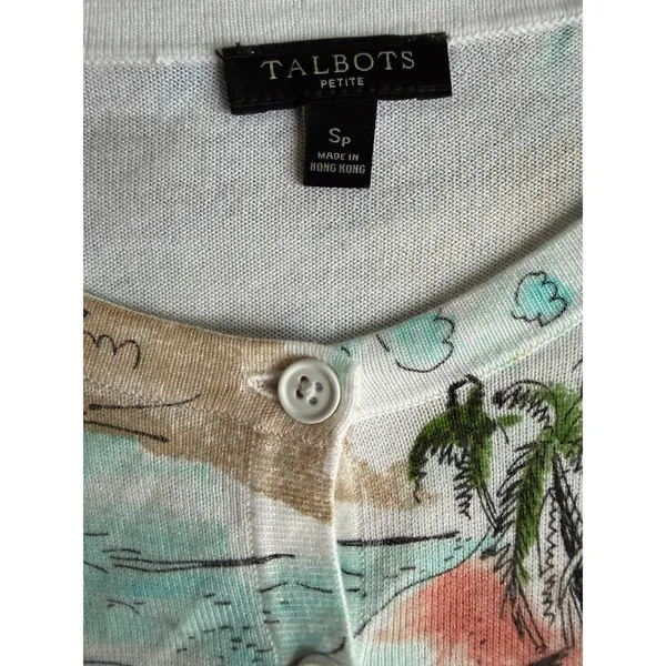 Talbots Petite Tropical Scenic Print Cardigan Sweater SP Coastal Resort - Image 8