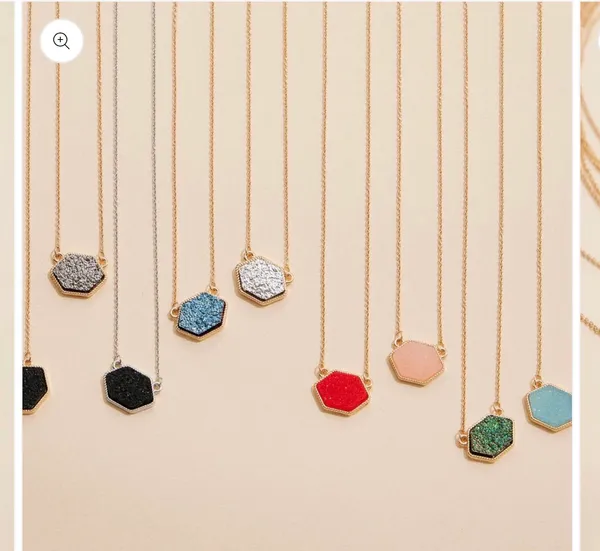 Hexagon Druzy Stone Charm Short Necklace-Red - Image 3
