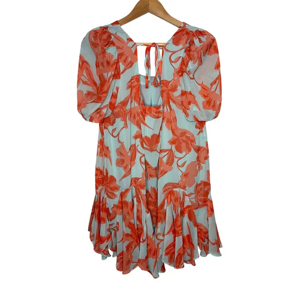 Olivaceous Floral Whimsical Boho Puff Sleeve Mini Dress Orange Blue Size Medium - Image 3
