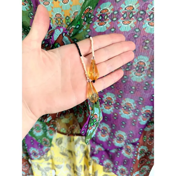 Zara Women Multi Color Patchwork Geometric Print Tie Front Beaded Blouse Medium - Image 2