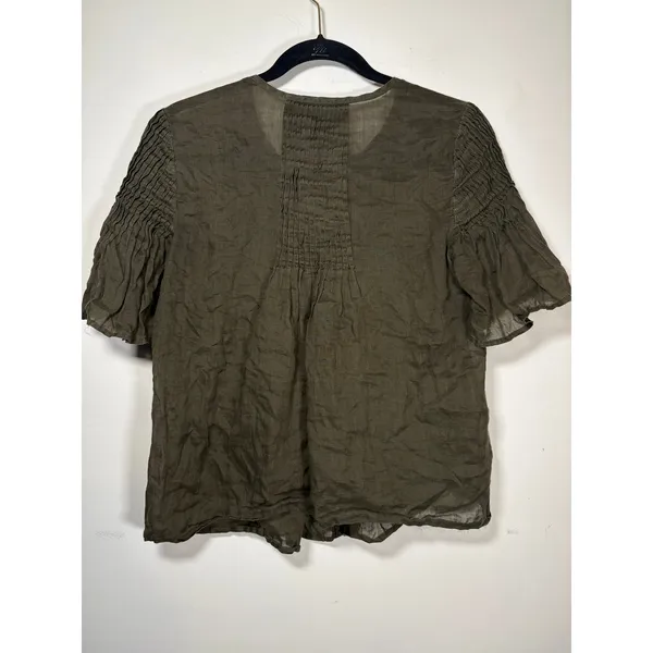 Banana Republic Top Olive Green Ramie Pintuck Pleated Button Down Earthy Small - Image 5