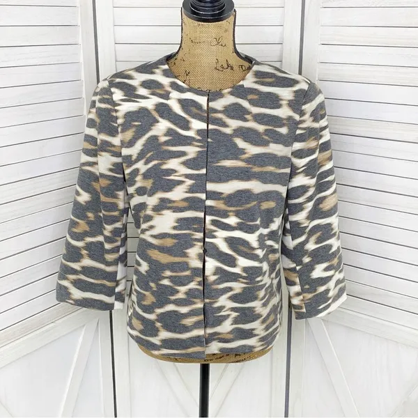 East 5th Animal‎ Leopard Print Ponte Knit Crop Blazer Jacket White Tan Medium - Image 5