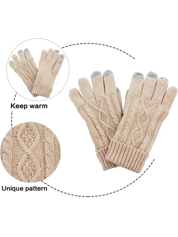 New! Super Soft Beige Cable Knit Pom Beanie, Scarf & Glove Set - Image 3