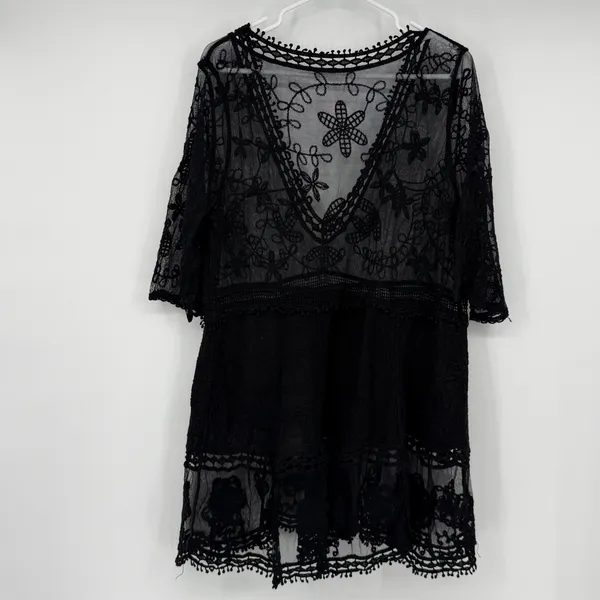 Black Lace Sheer Embroidered Floral V-Neck Tunic Top Whimsigoth Witchy - Image 2