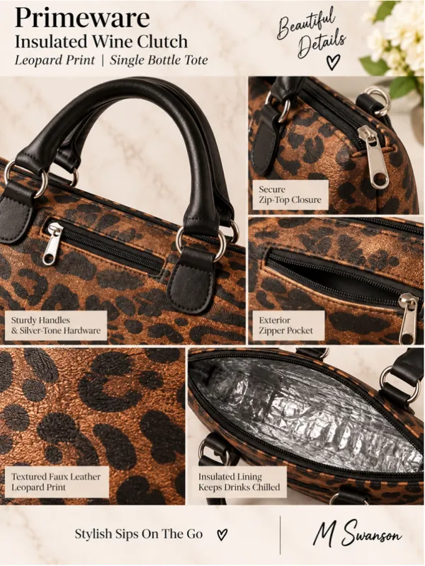 NEW Primeware Leopard Print Insulated Wine Clutch Single Bottle Tote NWOT - Image 2