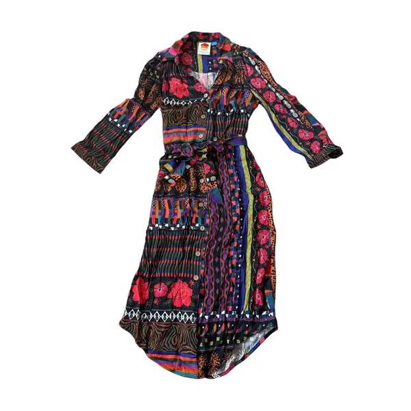 Farm Rio Anthropologie Midi Shirtdress Black Floral Patchwork - Image 4