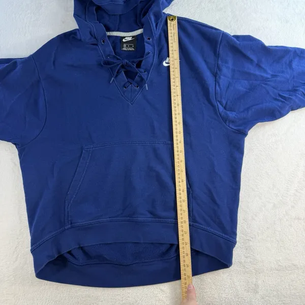 Nike M Medium Hoodie Sweatshirt Classic Swoosh Pullover Deep V-Neck Lace Up Blue - Image 10
