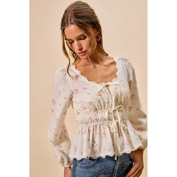 SO ME Floral Clip Dot Lace Trim Ruched Bodice Blouse - White - Medium - Image 8