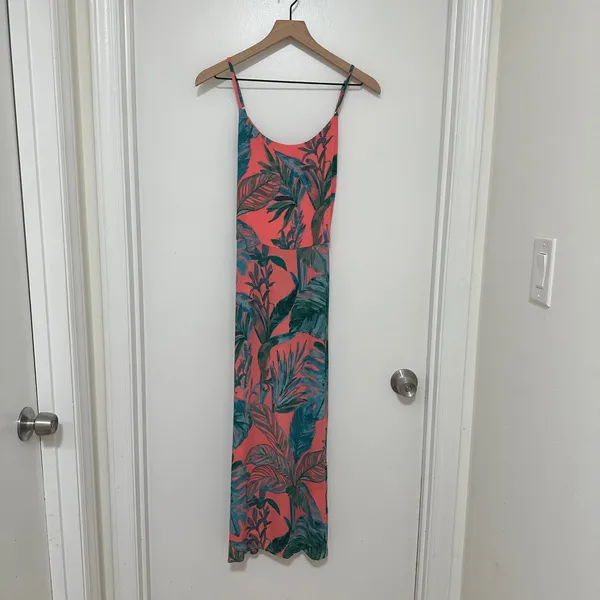 CYNTHIA ROWLEY | Coral Tropical Leaf Print Tie Back Sleeveless‎ Maxi Dress, 2 - Image 2