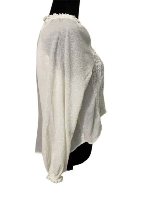 Free People Sivan Embroidered Blouse Ivory Small Boho Lace Crinkle Gauze Peasant - Image 6