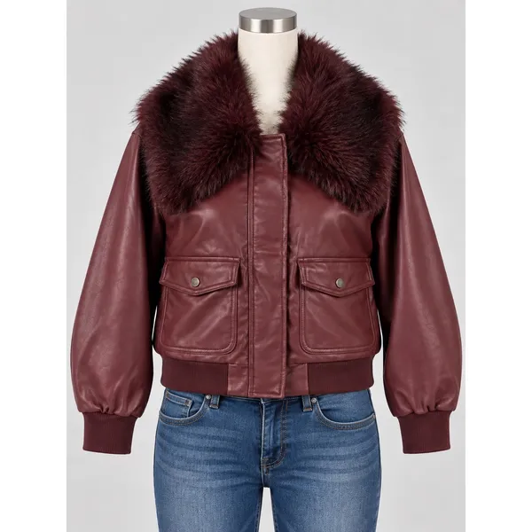 Wild Fable Burgundy Faux Leather Bomber Jacket Removable Faux Fur Collar Size S - Image 2