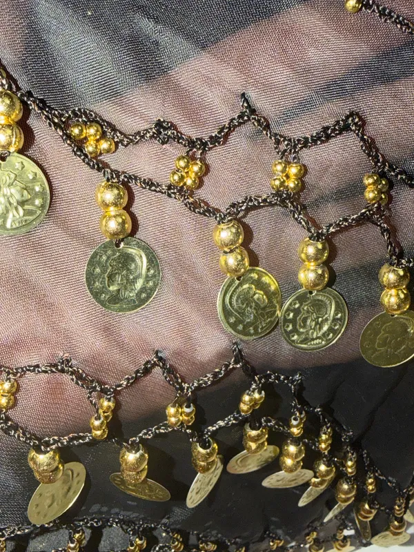 Black sheer belly dance hip scarf with gold coins and beads ✨ Perfect for dance, costumes, or parties. - Image 3