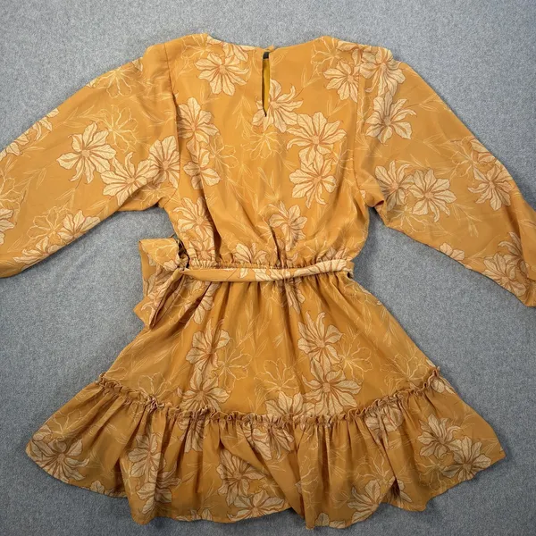Flying Tomato Size Small Yellow Floral Elastic Waist Ruffle Tie Belt Mini Dress - Image 10