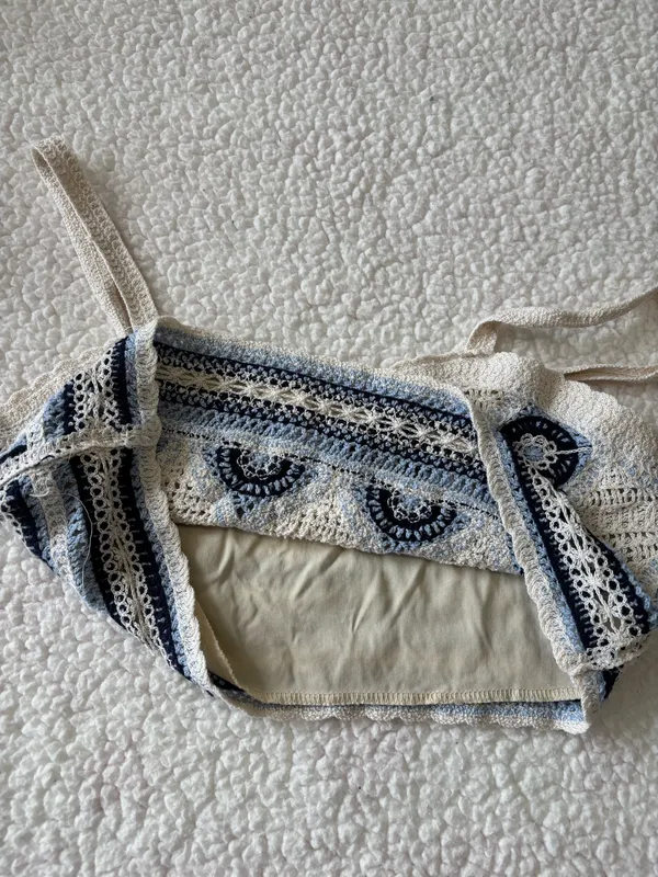 Rebellion Boho Y2K Geometric Crochet Crop Tank Cami Top Blue Cream Size Small - Image 8