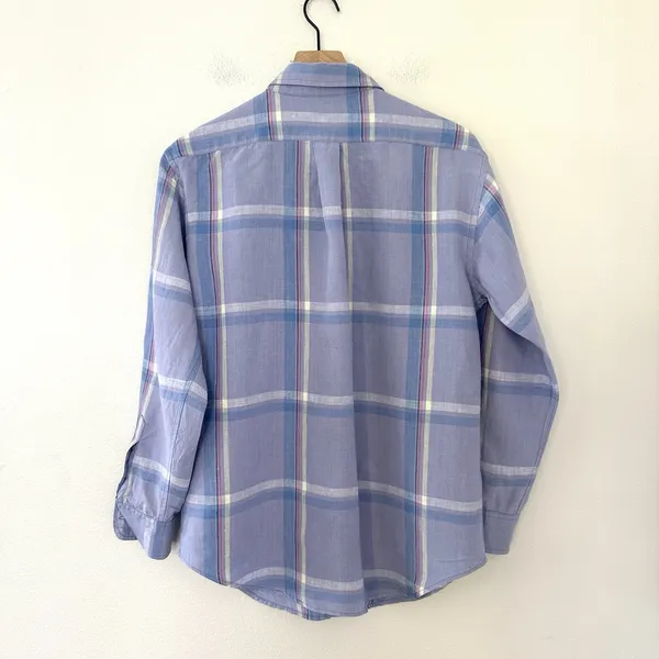 Vintage 100% LInen Lauren Ralph Lauren Button Down Shirt Sz M Plaid Preppy Indie - Image 7