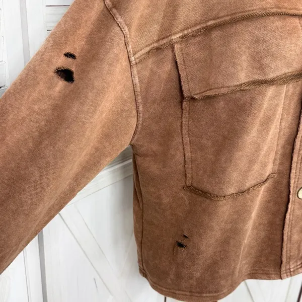 Oddy‎ Shacket Jacket Women Medium Large Brown Distressed Jersey Knit Cropped - Image 7