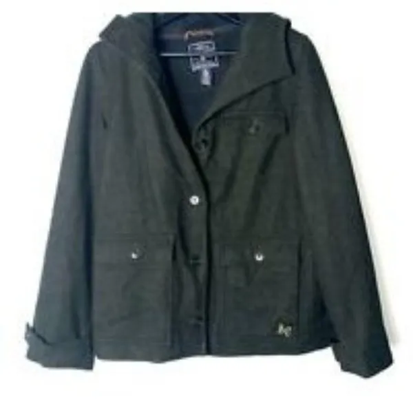 American Eagle Womens Wool Pea Coat Size M Dark Olive Marled Fleece Lined Hooded - Image 4