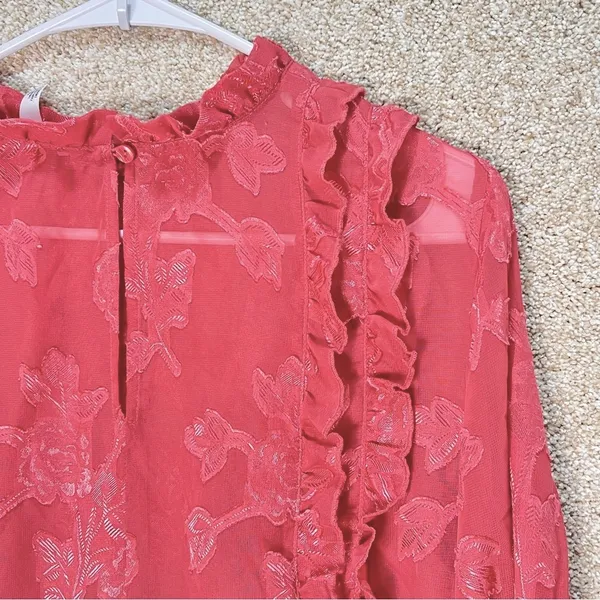 Leith floral blouse sheer ruffle pleated front keyhole‎ back coquette FLAWS - Image 5