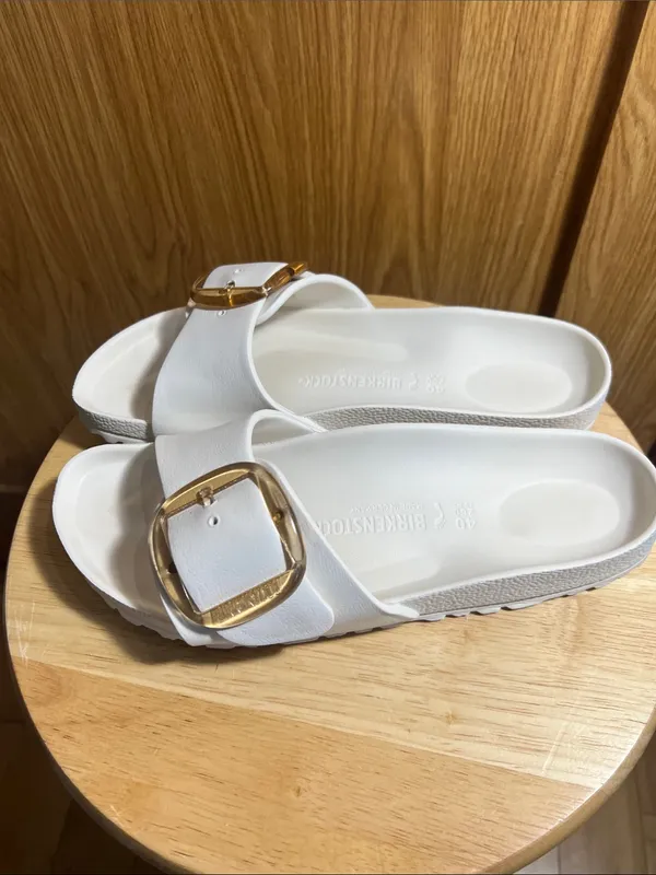 Birkenstock White Slide Sandals with Gold Buckle - Image 2