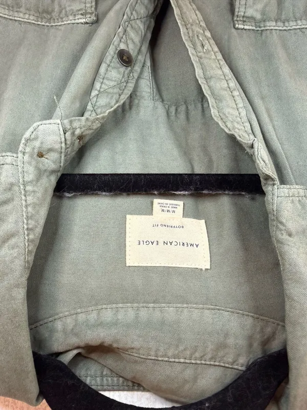 American Eagle Boyfriend Fit Olive Green Utility Button Down Shirt M - Image 5