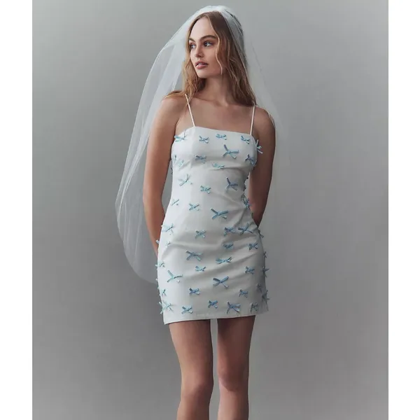 BHLDN Blue Bow Fitted Mini Dress Size 12 NEW - Image 2