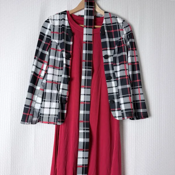 Modest Dress Jacket Set Women Large Red Plaid Workwear Belted Church Office Midi - Image 3