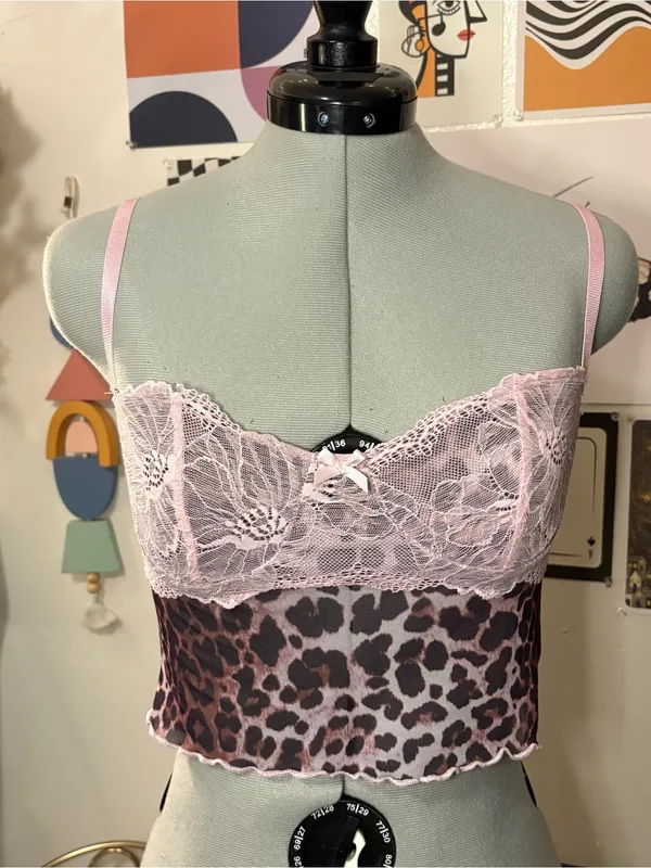 Y2K Pink Lace Leopard Mesh Bustier Cami Top Size M - Image 2
