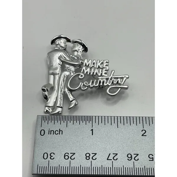 Country Western Signed Brooch Pin MAKE MINE COUNTRY Script Silver Plate NEW - Image 4