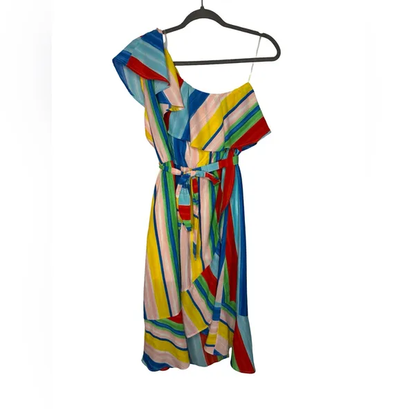 🌈 Peach Love‎ California One-Shoulder Rainbow Stripe Midi Dress M 🌈 - Image 2