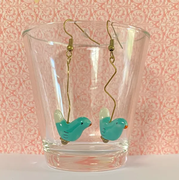 Handmade ceramic bird beads dangle earrings💙🕊💚 - Image 3