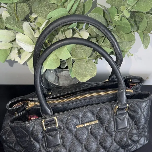 Vera Bradley Black Quilted Leather Satchel Floral Lining Shoulder Bag Classy - Image 2
