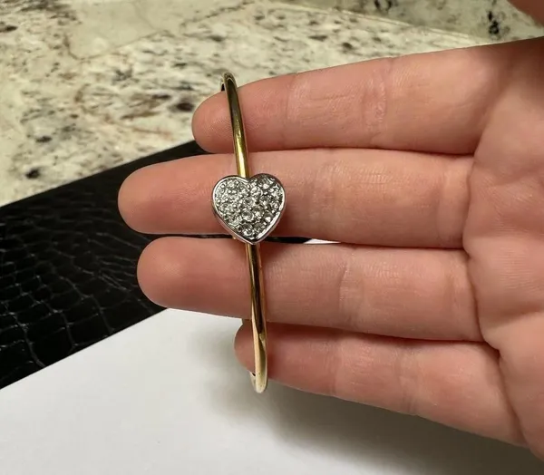 Monet Gold Tone Skinny Bangle Bracelet 7 3/4 Inch Silver Tone Rhinestone Heart - Image 2