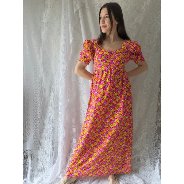 Vintage 70s Handmade Floral Puff Sleeve Maxi Dress Empire Waist Cottagecore - Image 6