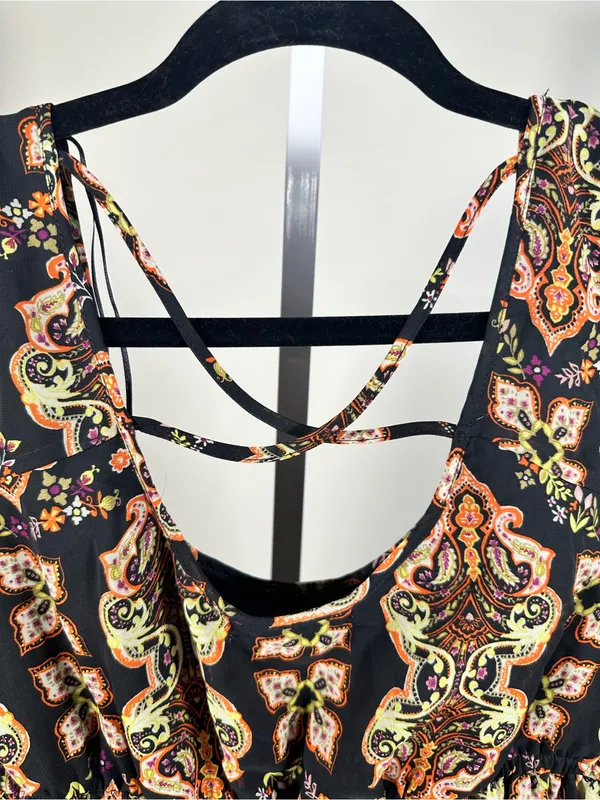 Socialite X331. Boho Paisley Peasant Mini Dress - Black with Peach Accents - Image 6